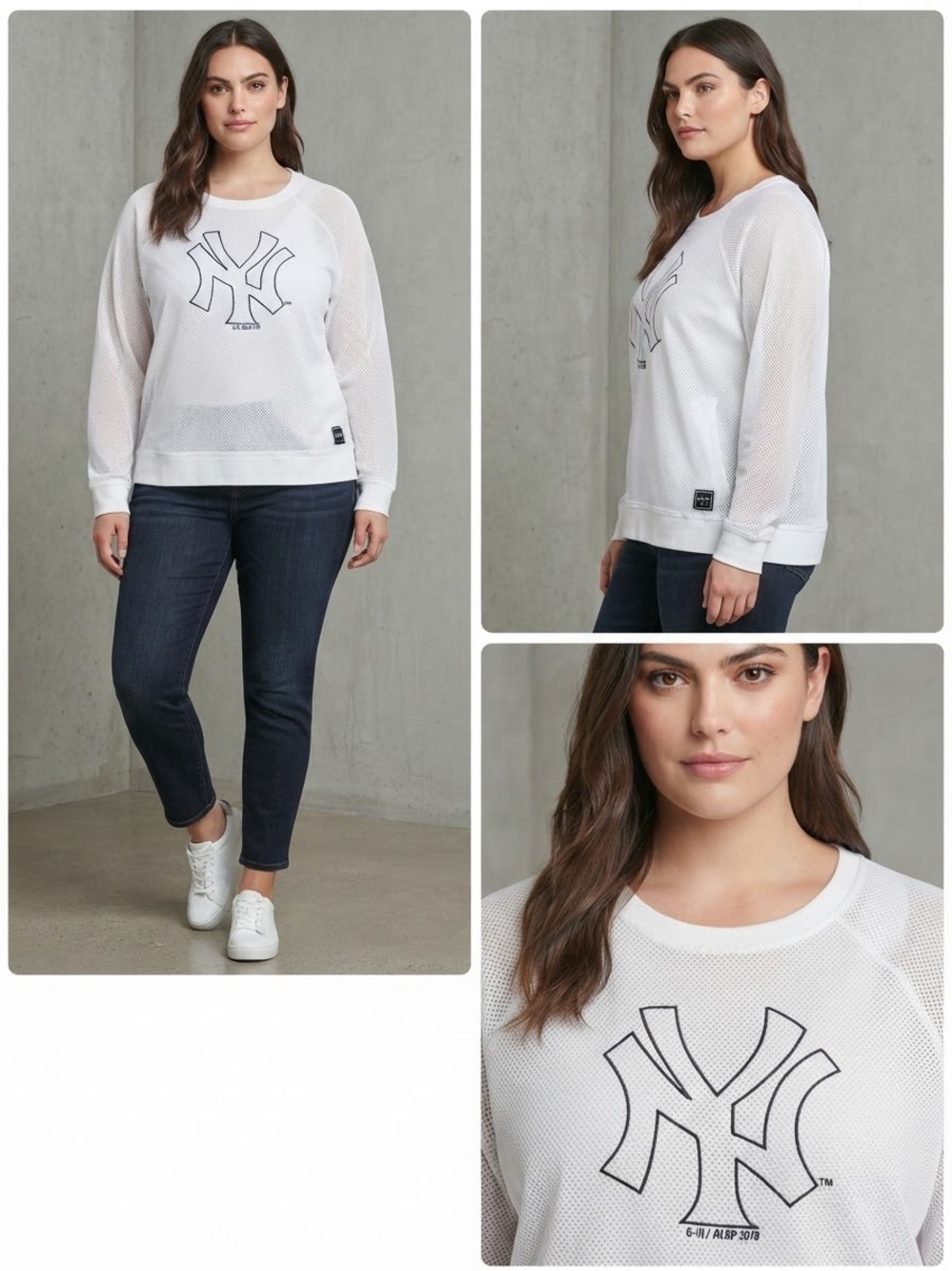 DKNY Sport MLB New York Yankees White Mesh Long Sleeve Sweatshirt XXL